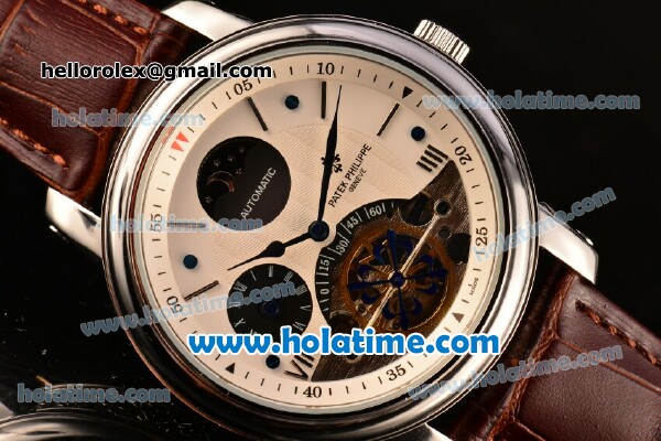Patek Philippe Grand Complication Moonphase Asia Automatic Steel Case with Brown Leather Strap and White Dial - Click Image to Close